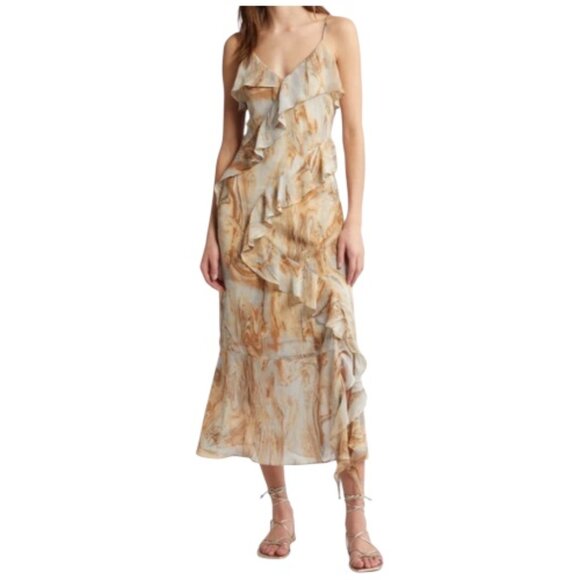 Moon River Dresses & Skirts - Beige Marble Print Ruffle Maxi Dress – Flowy Long Dress
